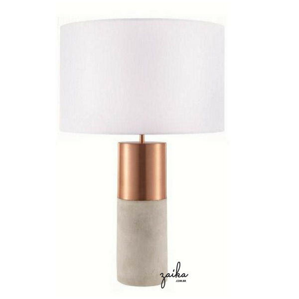 ABAJUR CIMENTO E METAL COBRE COM CÚPULA EM TECIDO